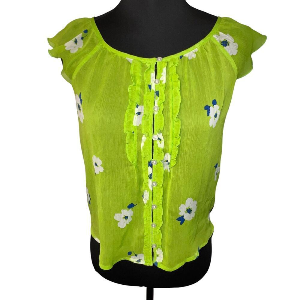 Gilly‎ Hicks Sidney XS Womens, sheer floral pleated button loop fairy blouse ￼
￼